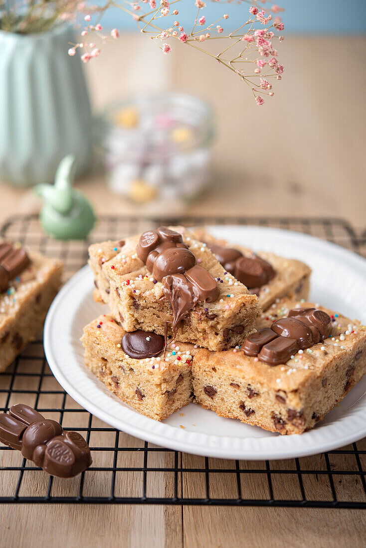 Blondies decorated with chocolate bunnies for Easter