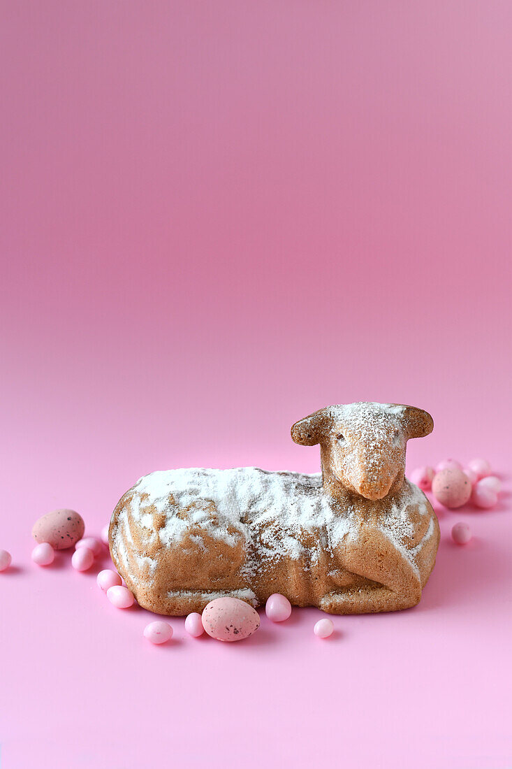 Baked Easter lamb cake against a pink background