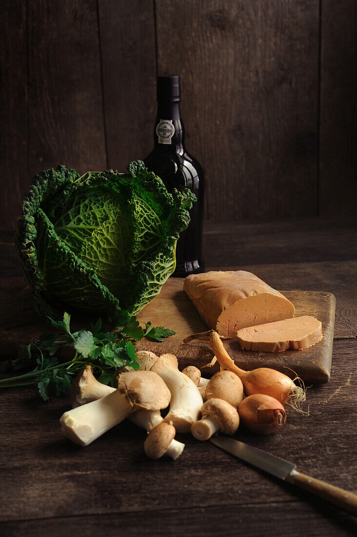 Ingredients for cabbage ballotines with mushrooms and foie gras