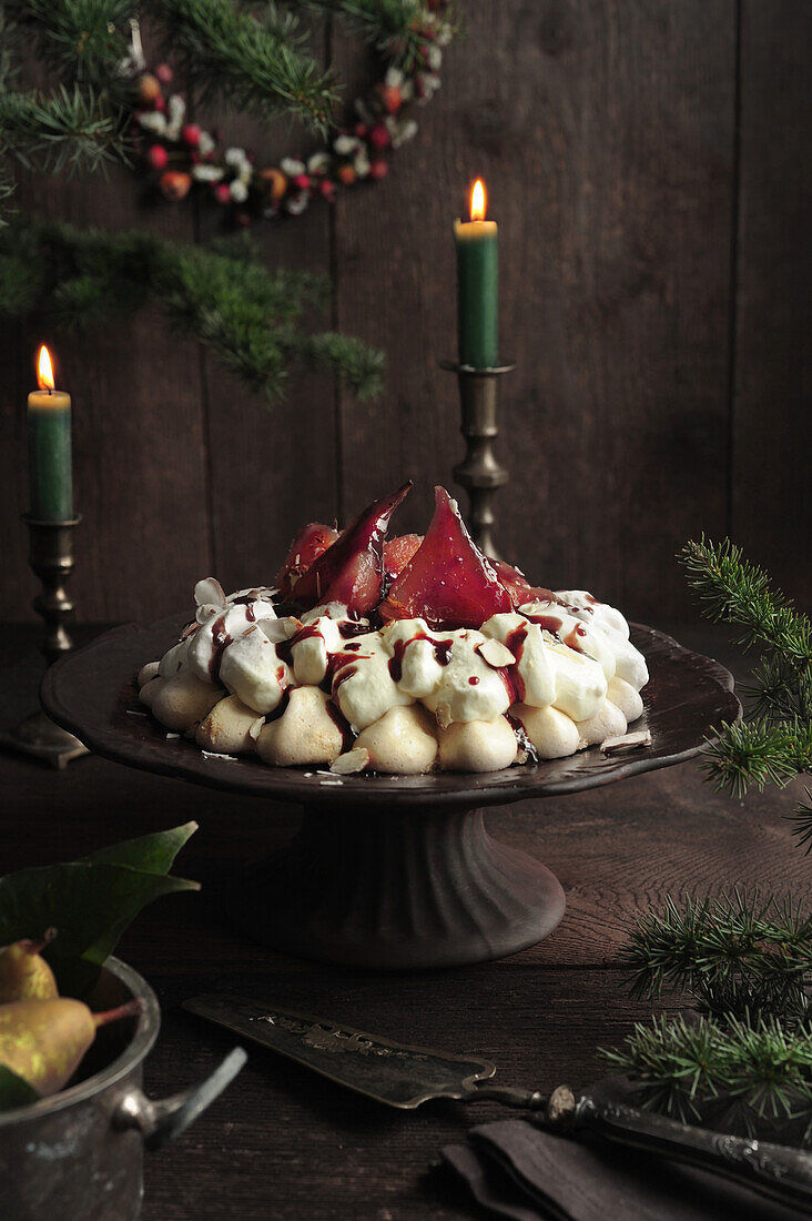 Winter pavlova with pears and hibiscus