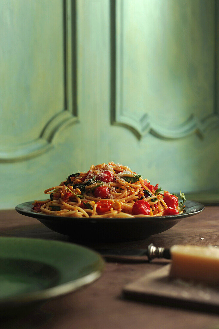 Spaghetti mit Knoblauch, Tomate, Zwiebel, Basilikum und Zitrone