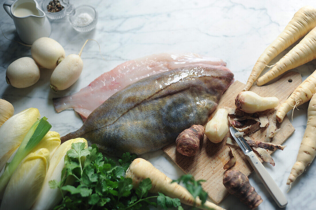 Ingredients for turbot with parsnip cream and grilled vegetables