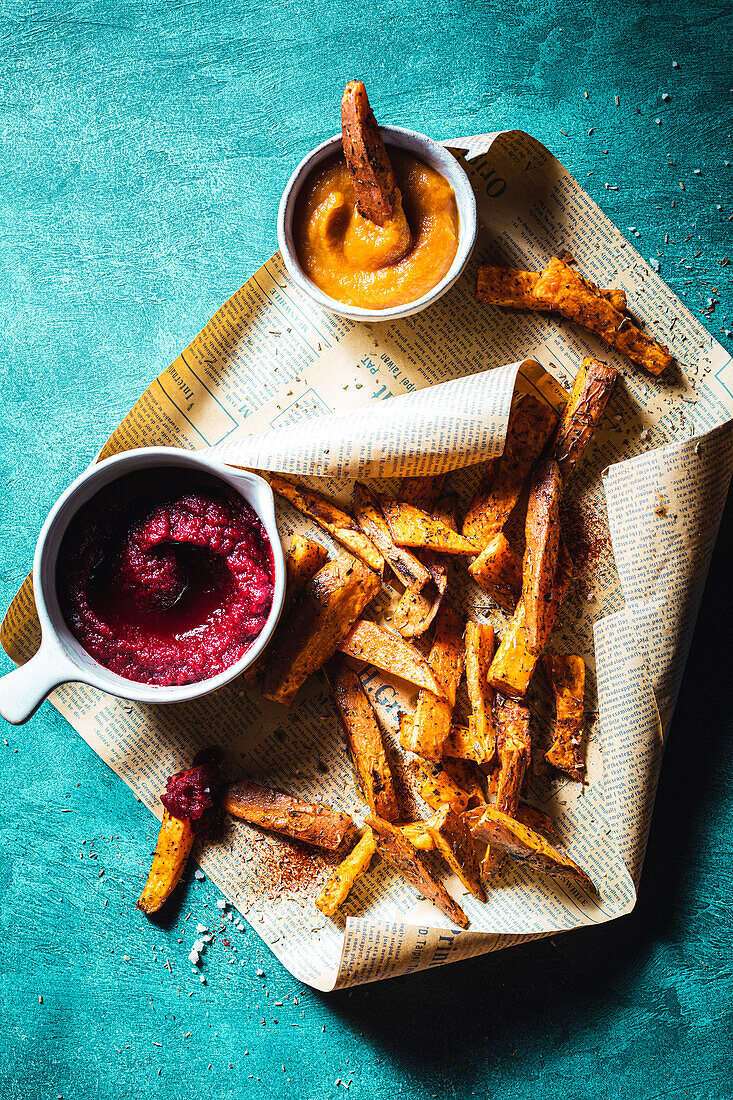 Sweet potato fries with spices and beet ketchup