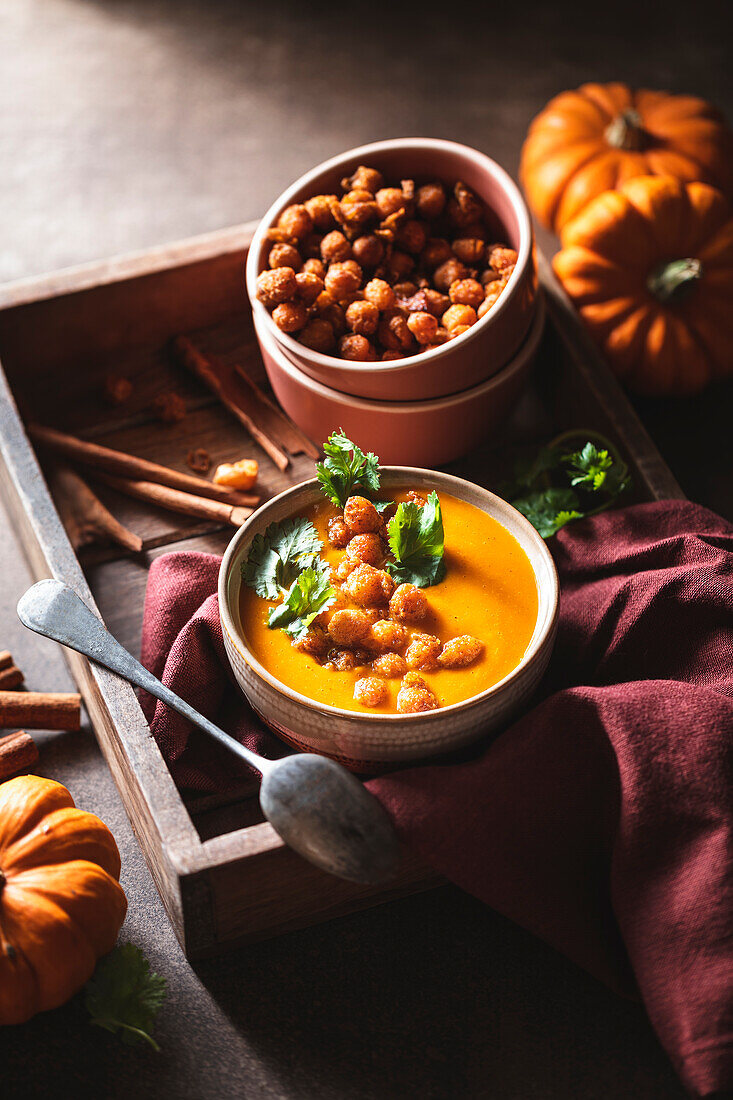 Spicy Chai Squash Soup with Spicy Chickpea Croutons