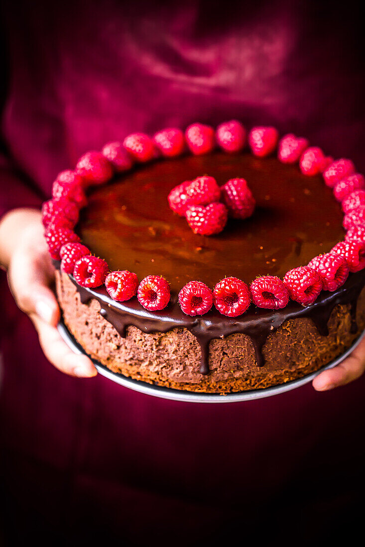 Chocolate mousse cake with raspberries
