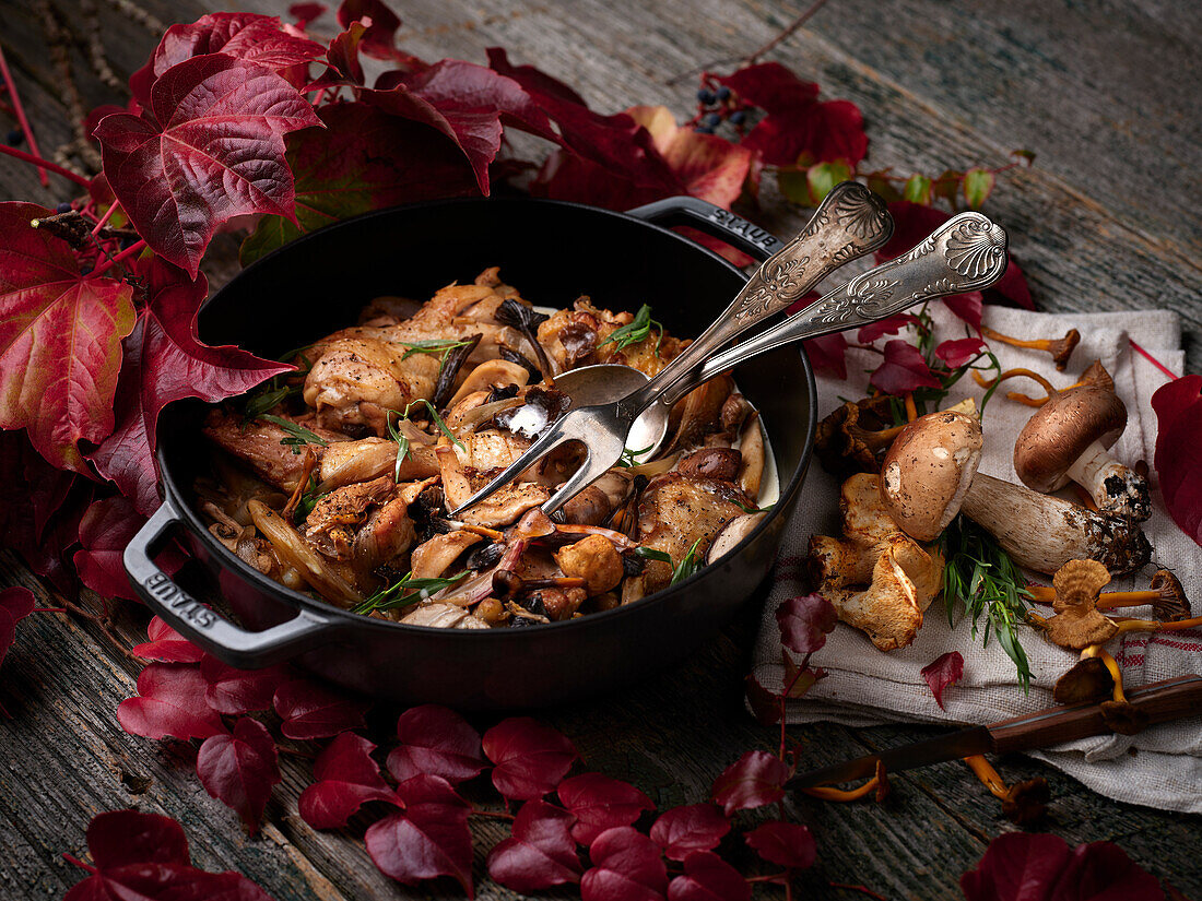 Herbstliche Geflügel-Kasserolle mit Waldpilzen