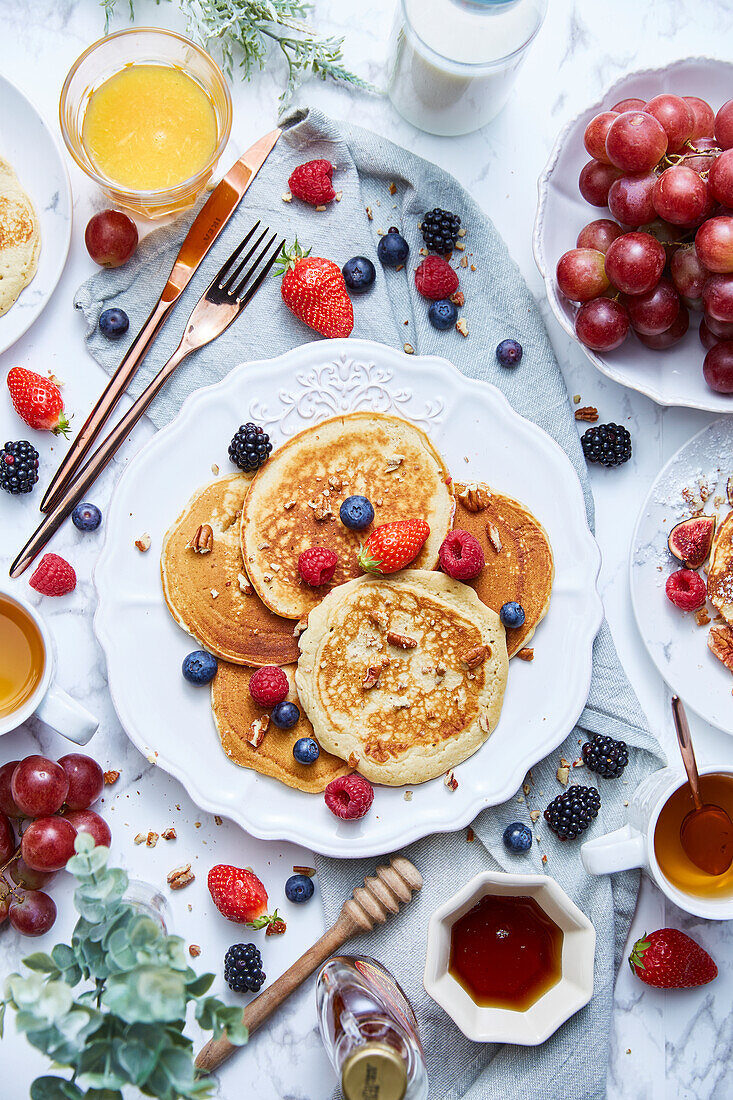 Pancakes with fruits for breakfast