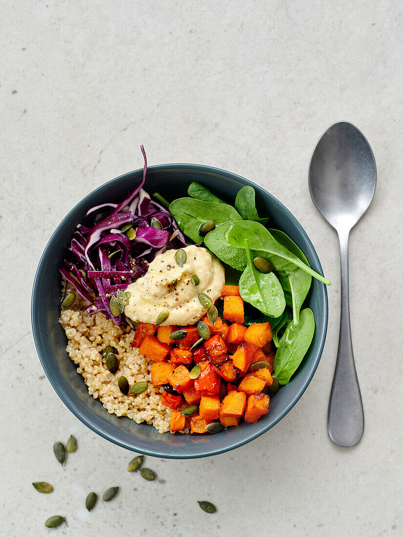 Quinoa bowl with carrot, pumpkin, red cabbage, spinach and hummus