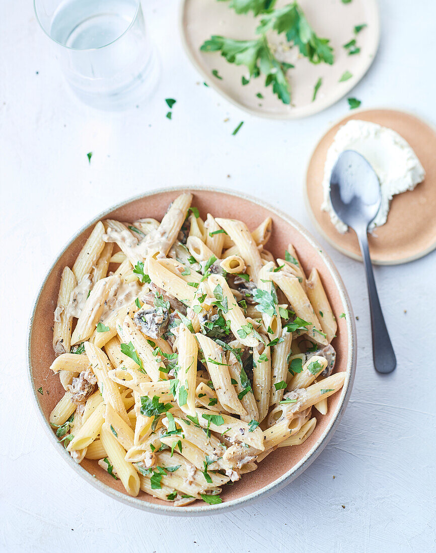 Penne with Boursin cheese and mushrooms