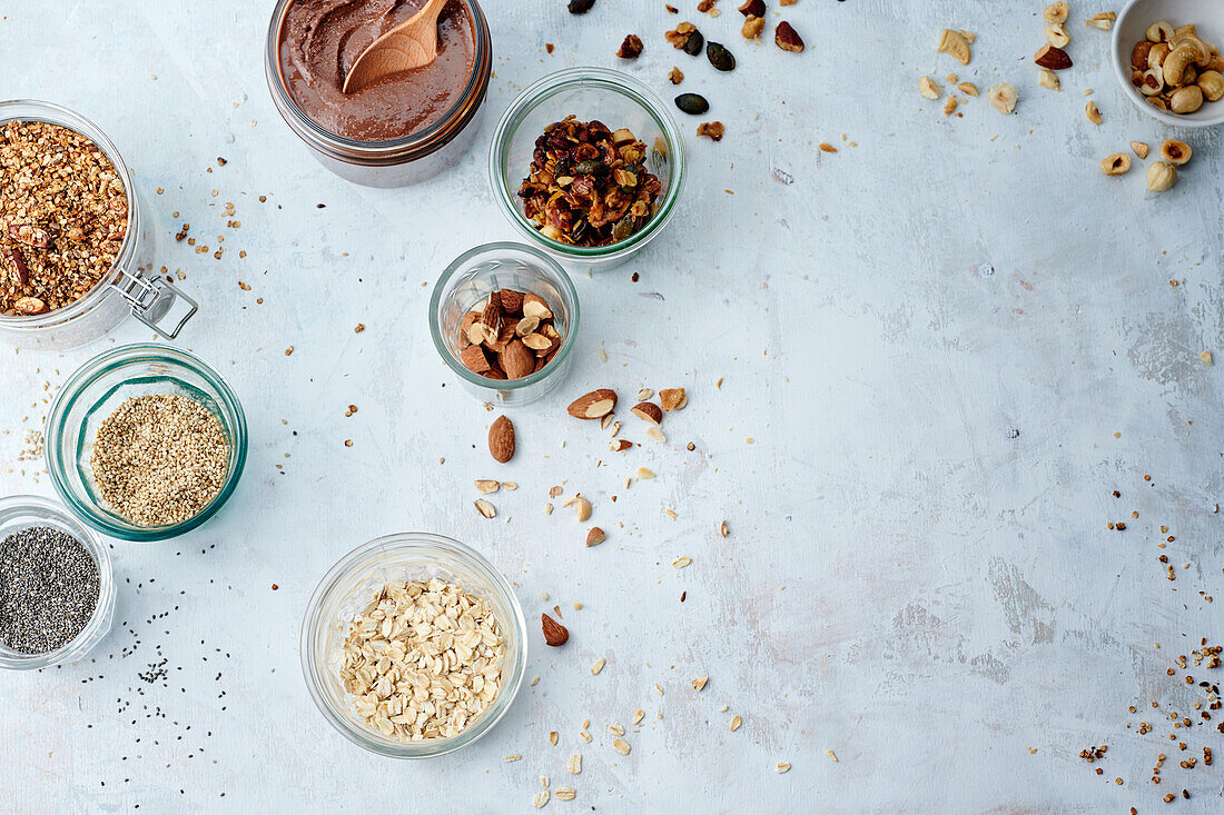 Oatmeal, seeds, and nuts as ingredients for homemade muesli