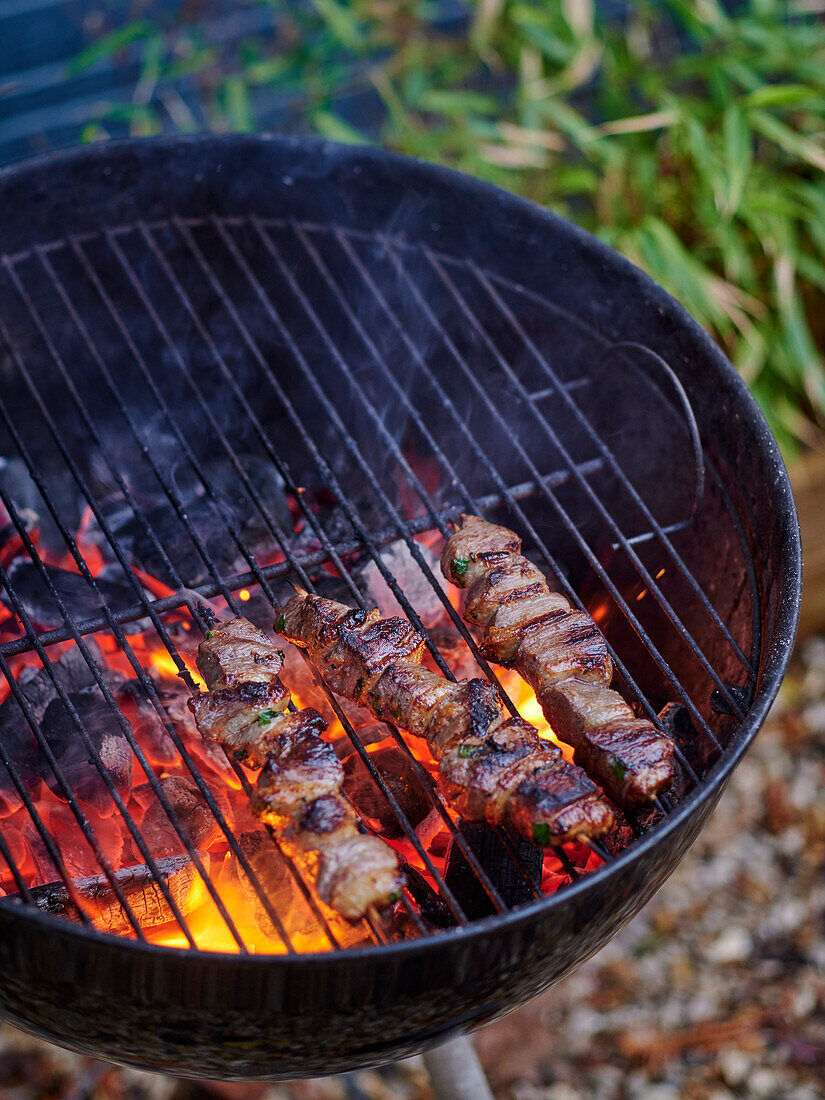 Beef skewers on the grill