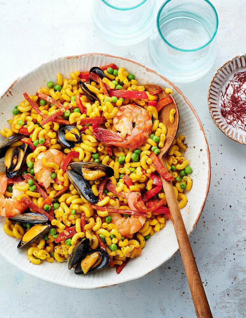 Paella with pasta and seafood