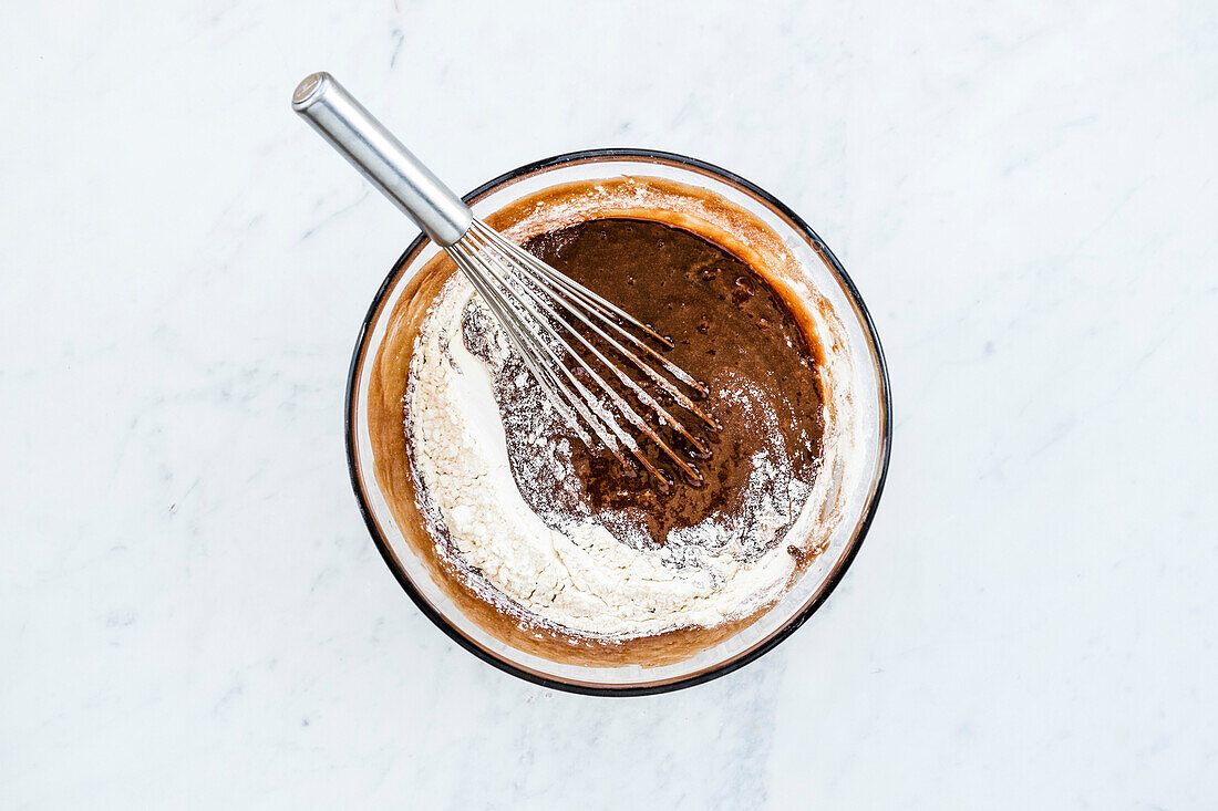 Mixing the batter for Chocolate pear cake