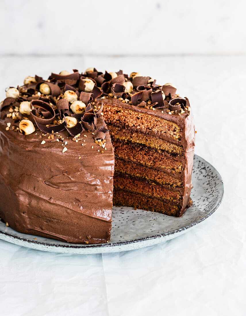 Chocolate layer cake, cut