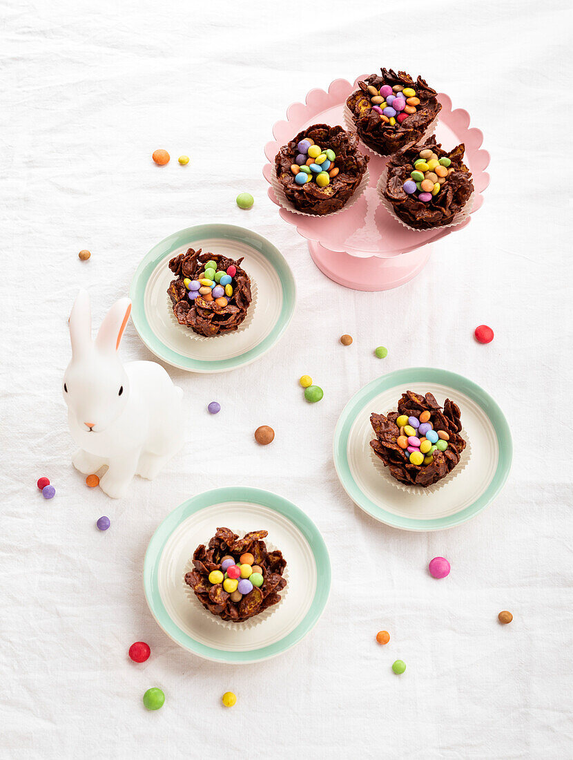 Small Easter baskets made from Choco Crossies with colorful coated chocolate candies