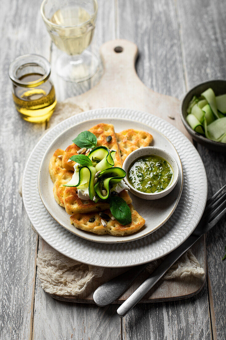 Waffles with zucchini, goat cheese and pesto