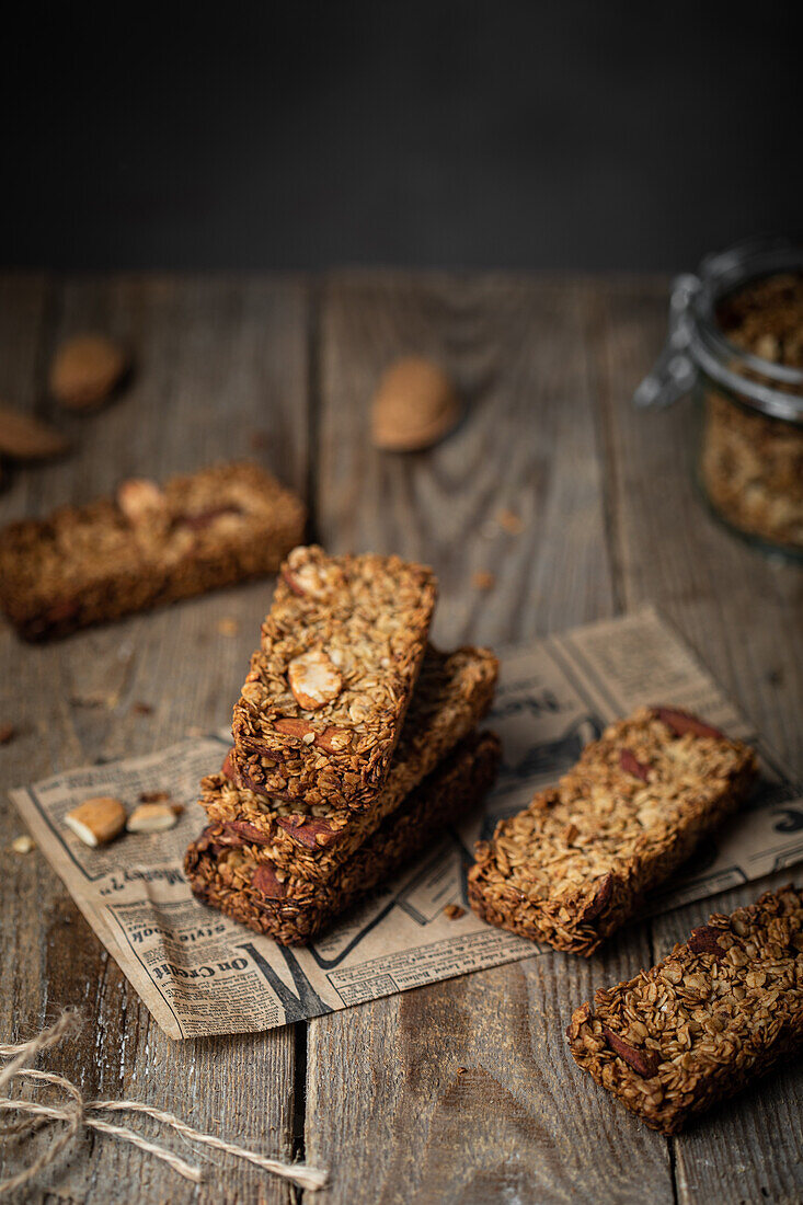 Muesli bar with oat flakes and almonds