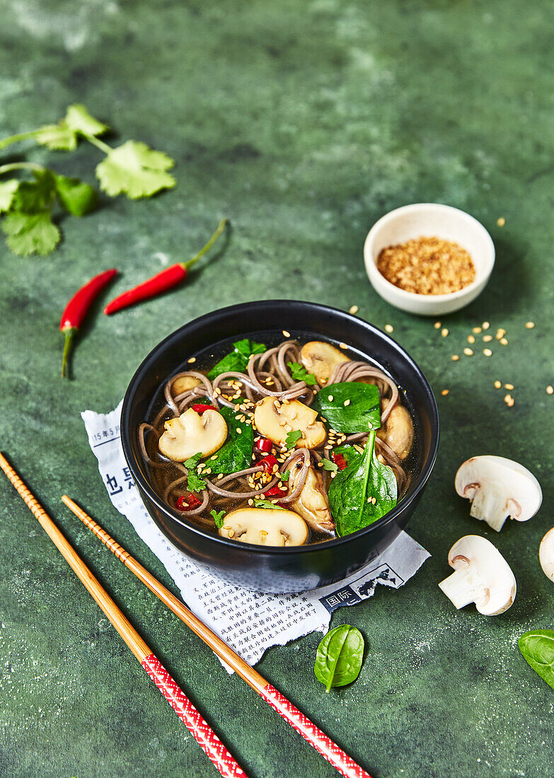 Ramen soup soba noodles with mushrooms