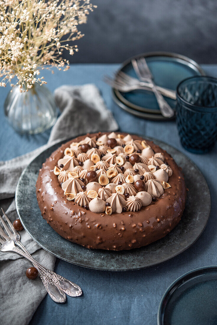 Ring shaped chocolate nougat cake