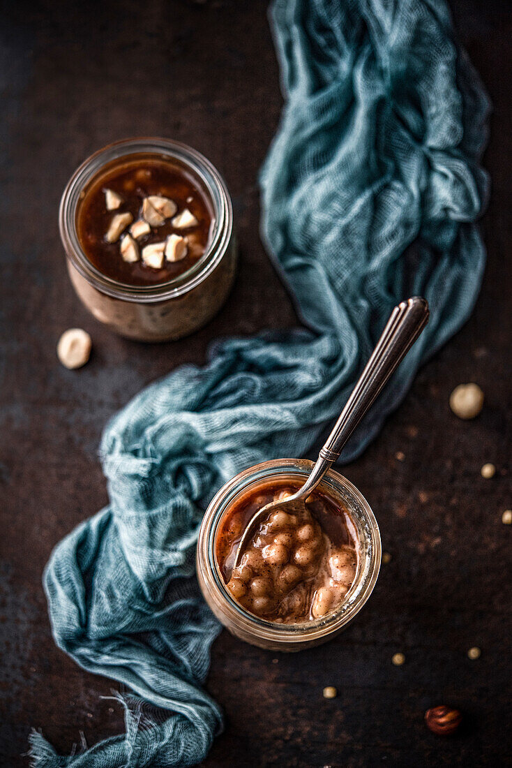 Rice pearls prepared rice pudding style with nougat