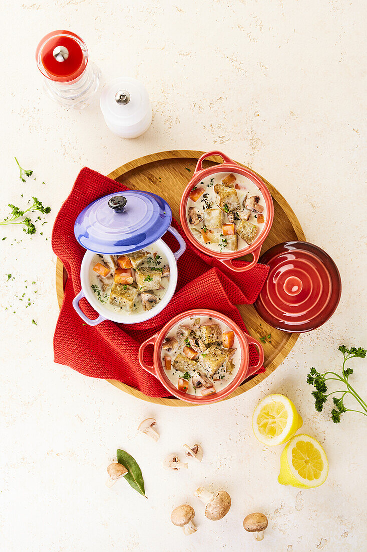 Seitan mit Sahne und Champignons in Mini-Cocotte