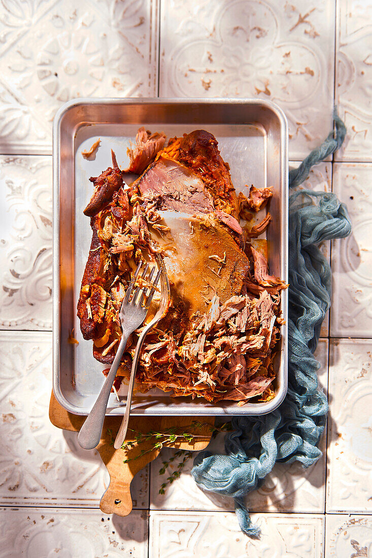 Pulled pork on an oven tray