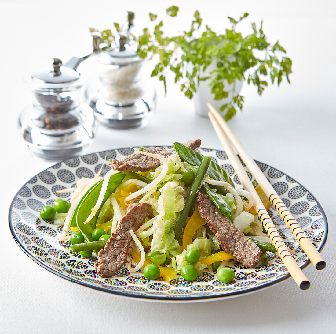 Beef with vegetables cooked in a wok (Thailand)