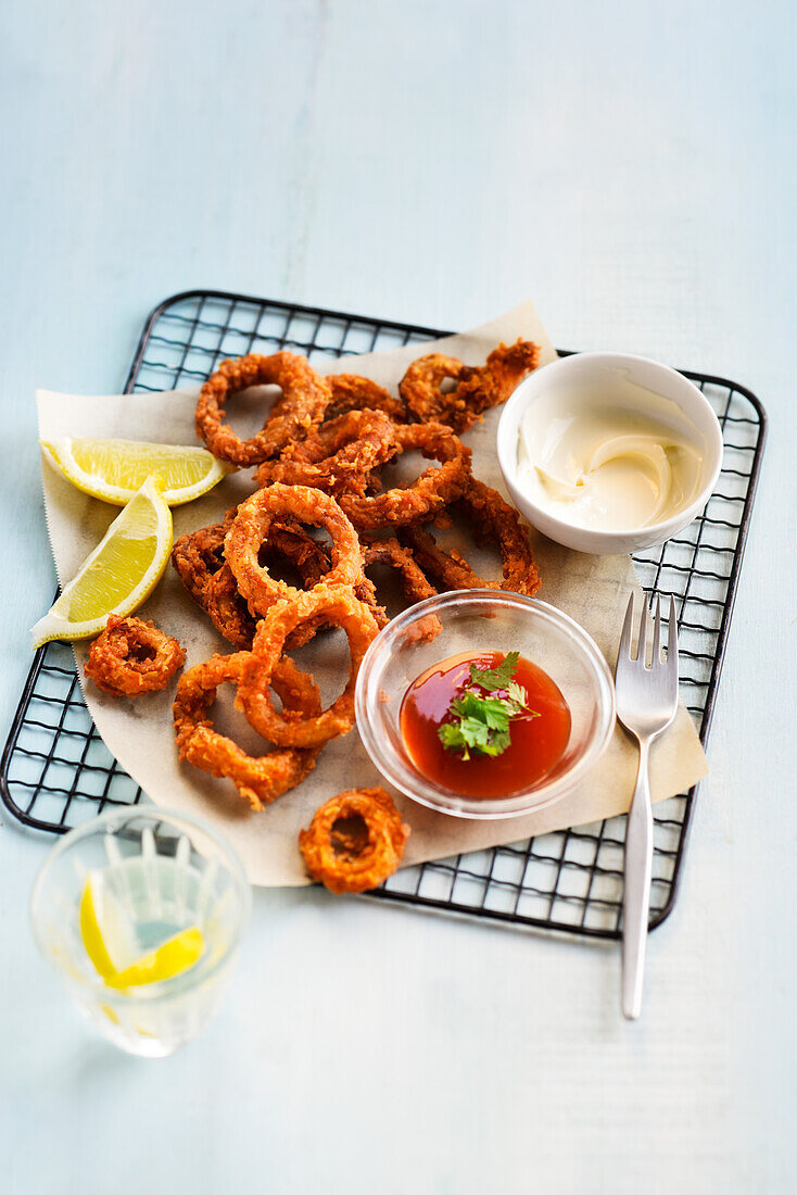 Fried squid rings with harissa and lemon mayonnaise