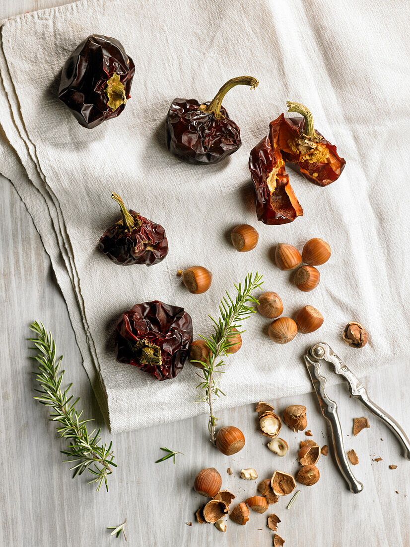 Dried chillies, hazelnuts and rosemary