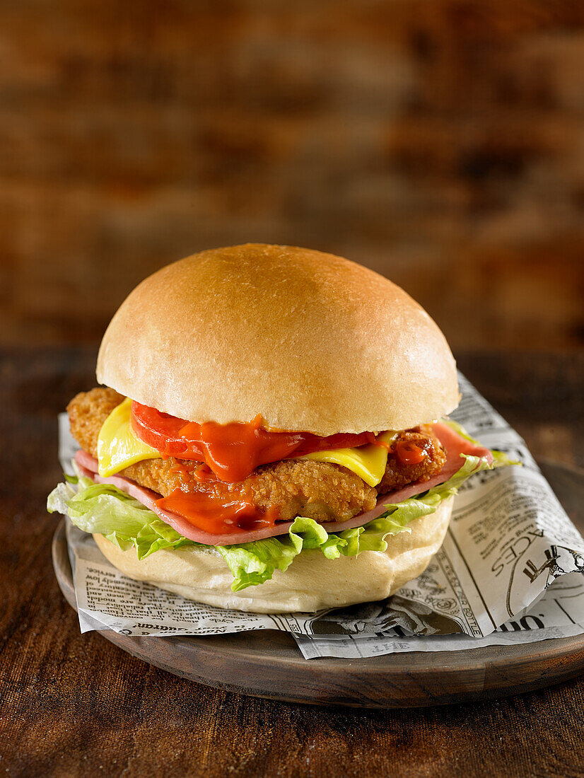 Chicken Burger with tomatoes, ham, cheddar cheese, lettuce, and ketchup