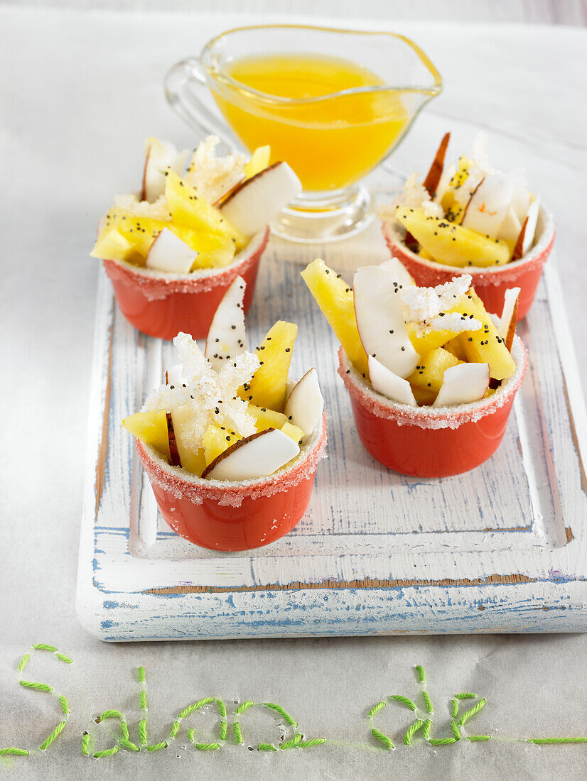 Small exotic fruit salad with orange blossom sauce