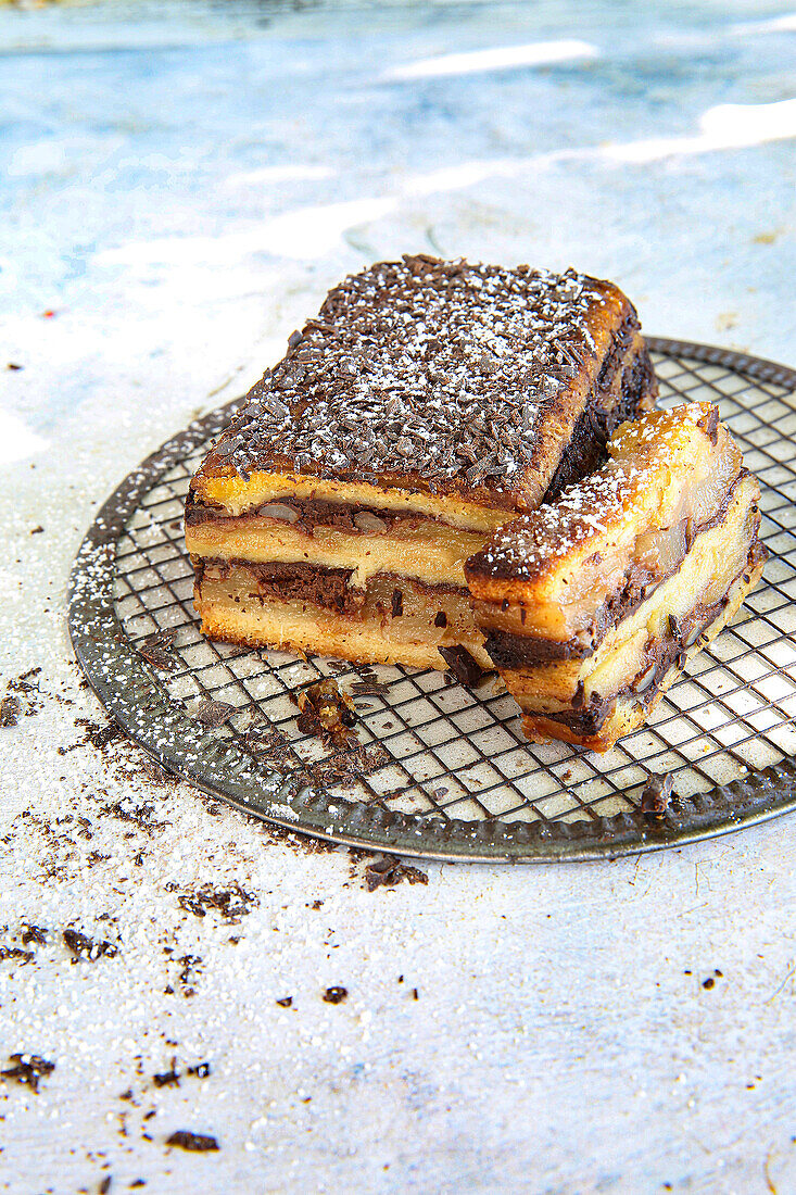 Croque cake with chocolate apples and pears
