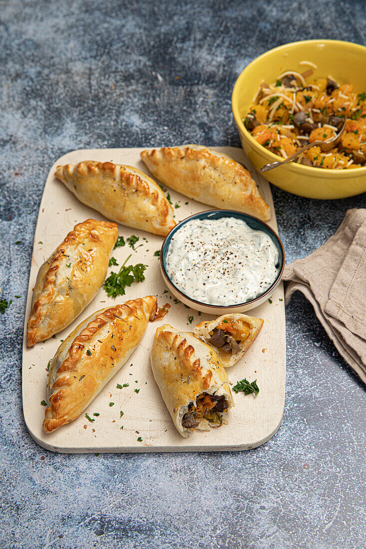 Veggie dumplings filled with mushrooms, pumpkin and onions