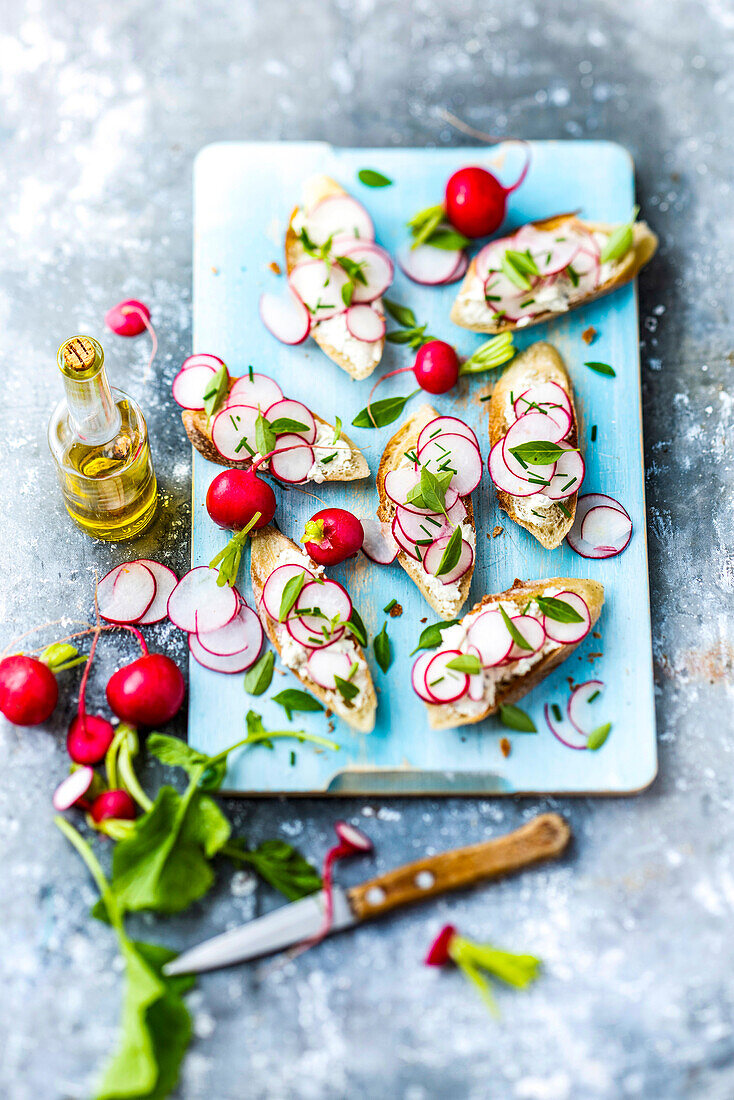 Fresh ewe's milk cheese with radishes and fresh herbs on toast