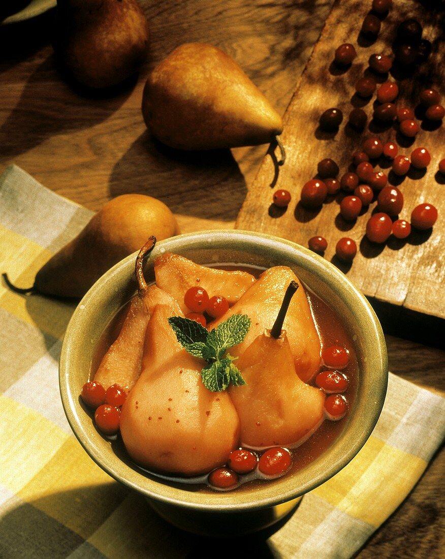 Glazed Pears with Cherries and Fresh Mint