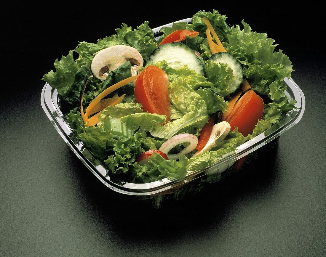 Gemischter Salat mit Tomaten, Gurken etc. in Plastikbehälter