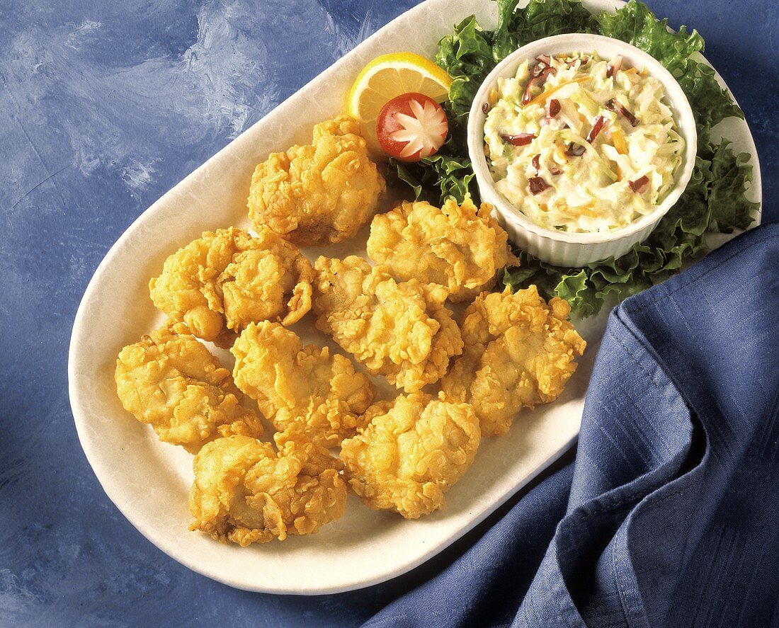 Fried Oysters on Platter; Cole Slaw