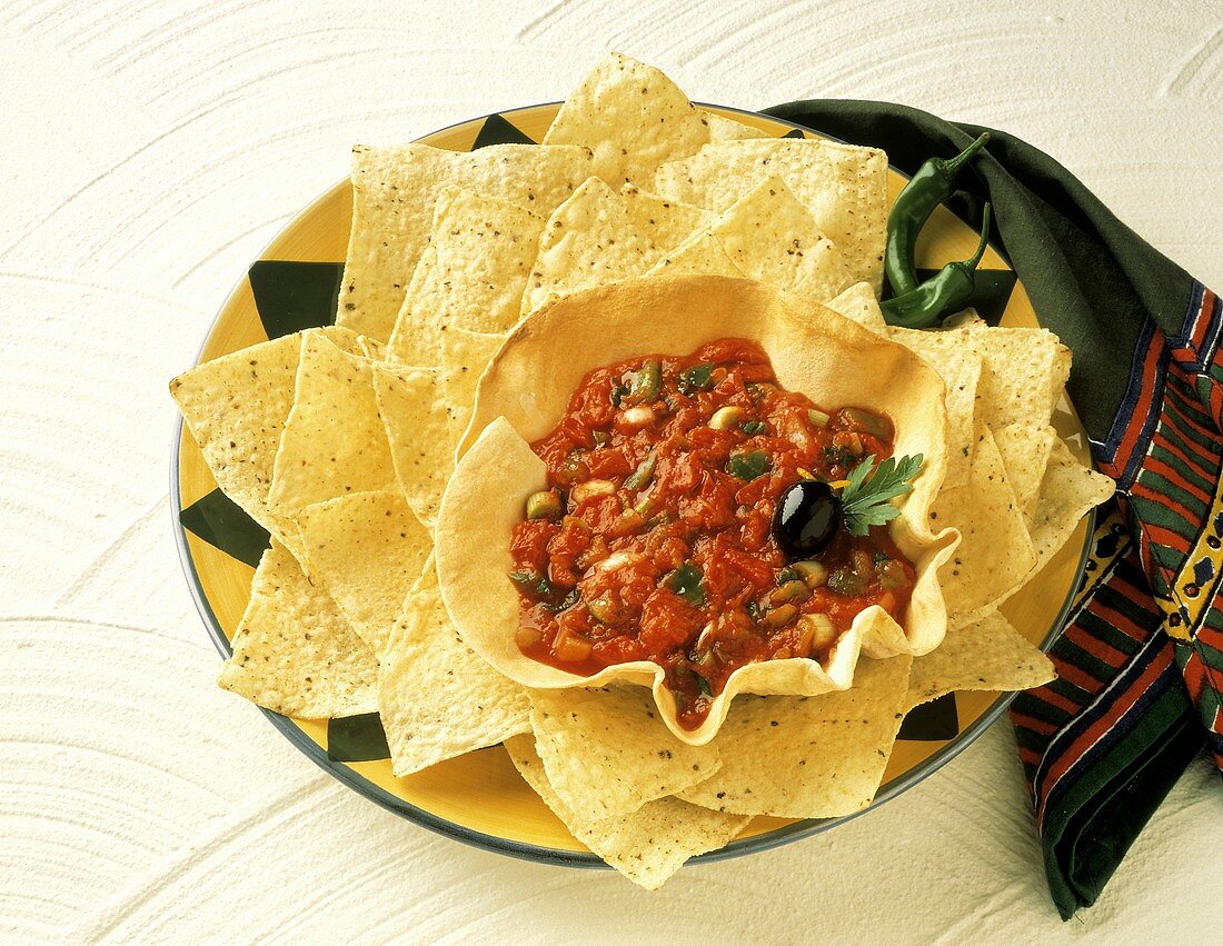 Salsa in Tostada Bowl with Corn Chips
