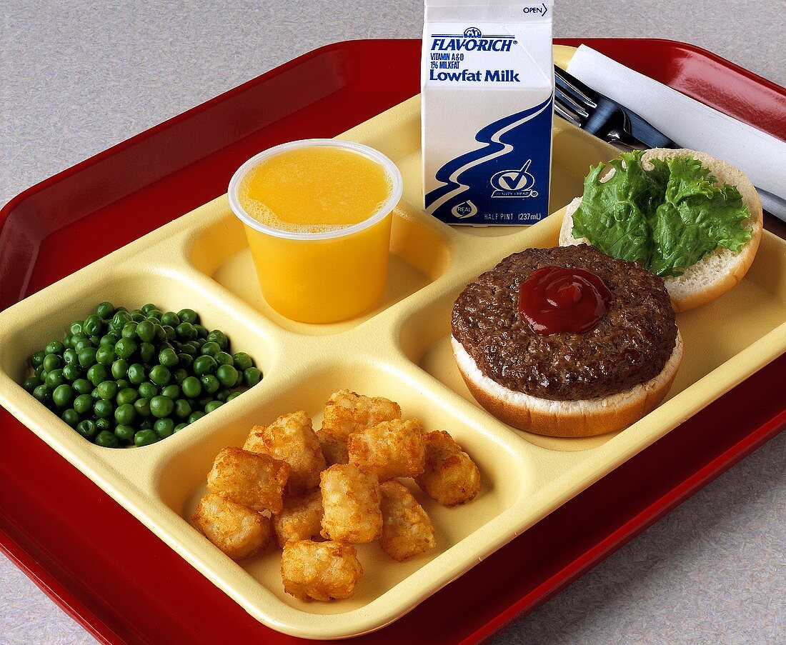 School Lunch on Tray with Burger and Tator Tots