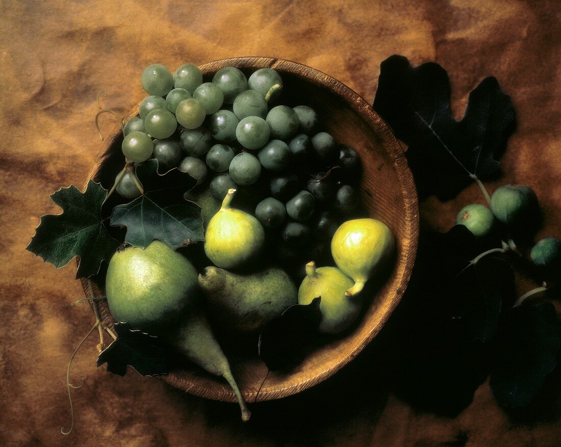 Green Pears; Figs and Grapes in a Wood Bowl
