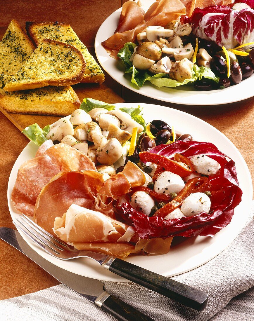 Antipasto Platter with Mushrooms; Garlic Bread