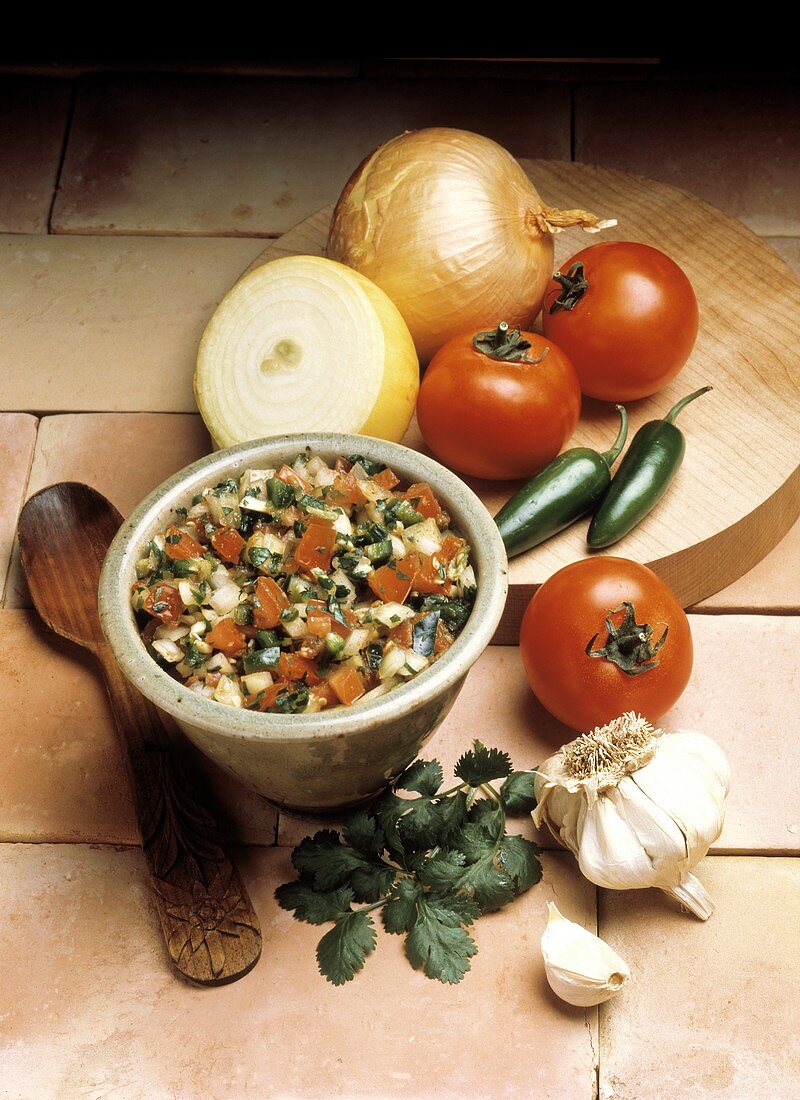Bowl of Fresh Salsa with Ingredients