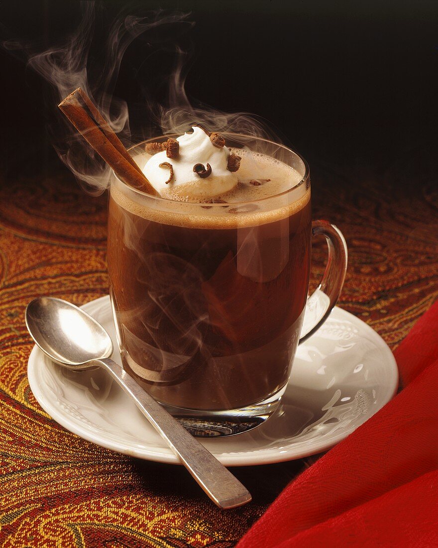 Steaming Hot Chocolate with Whipped Cream; Cinnamon Stick