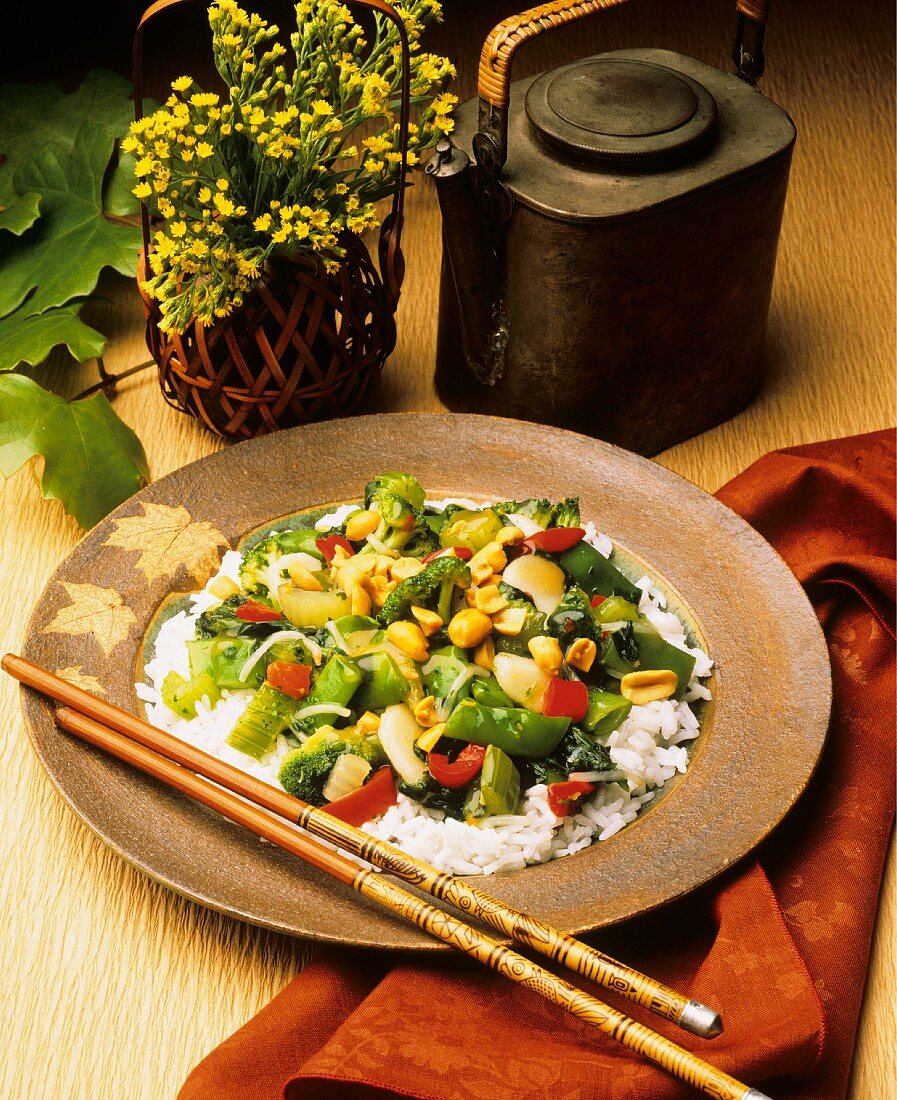 Stir-fried Vegetables and Peanuts on White Rice