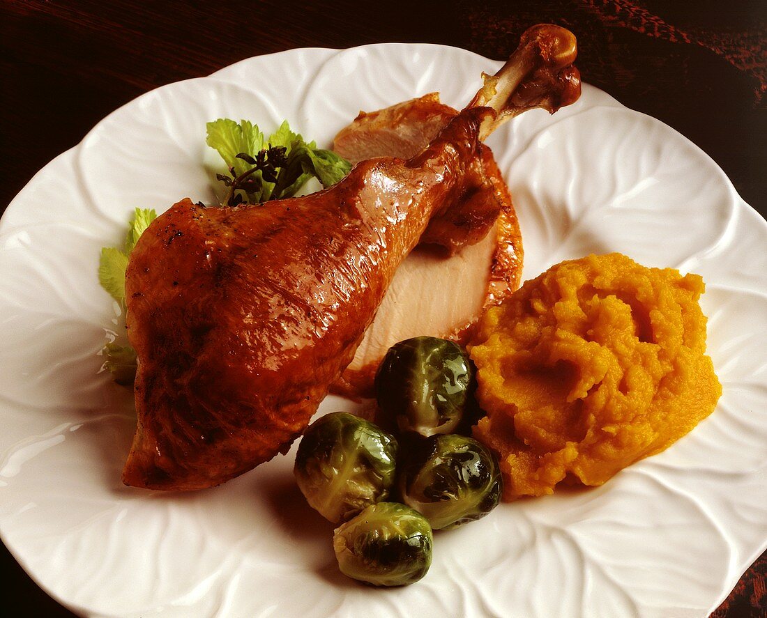 Turkey Leg with Brussel Sprouts and Mashed Sweet Potatoes