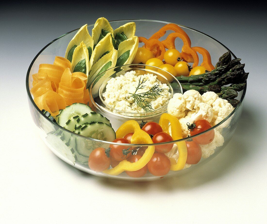 Raw Vegetables and Dip in Glass Bowl