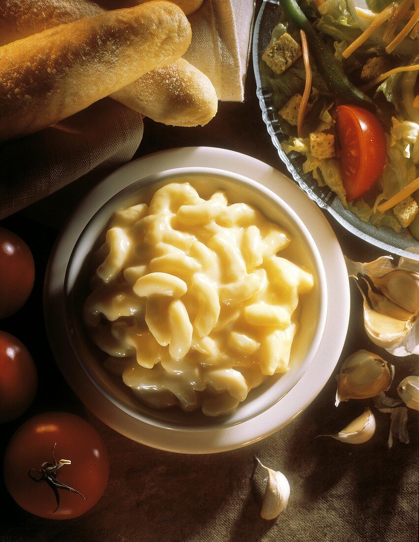 Macaroni and Cheese with Bread and Salad