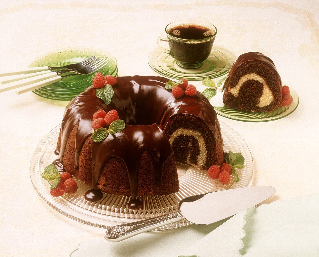 Chocolate Bundt cake with vanilla swirl and chocolate glaze