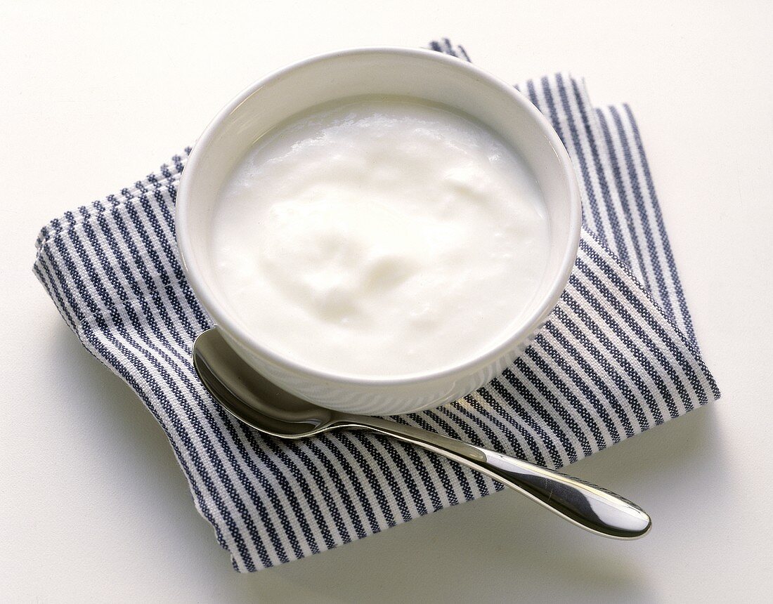 Joghurt im Schälchen auf blau-weisser Stoffserviette