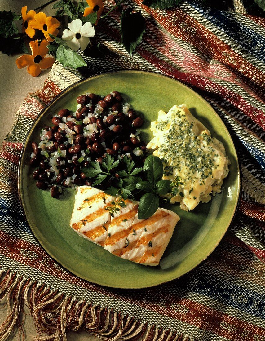 Grilled Halibut with Black Beans and Corn Pudding